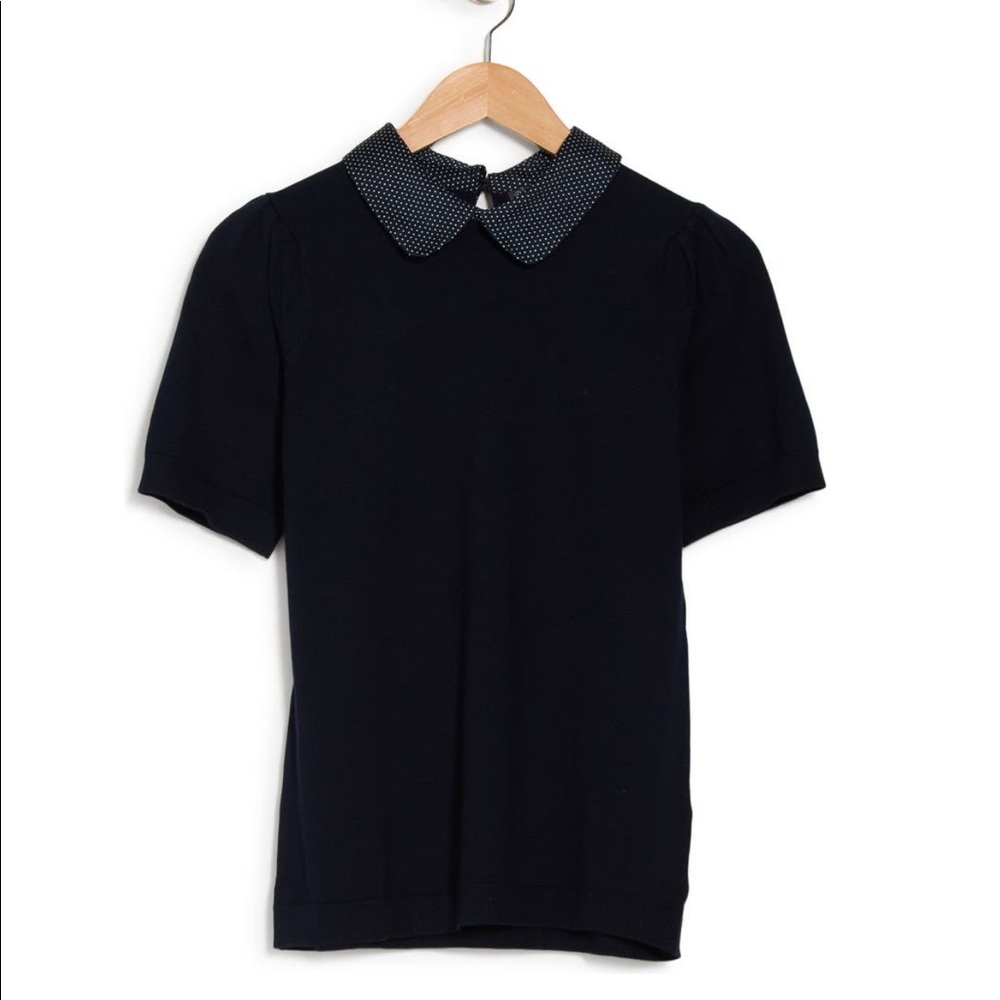 NAVY Satin Collar Short Sleeve Sweater